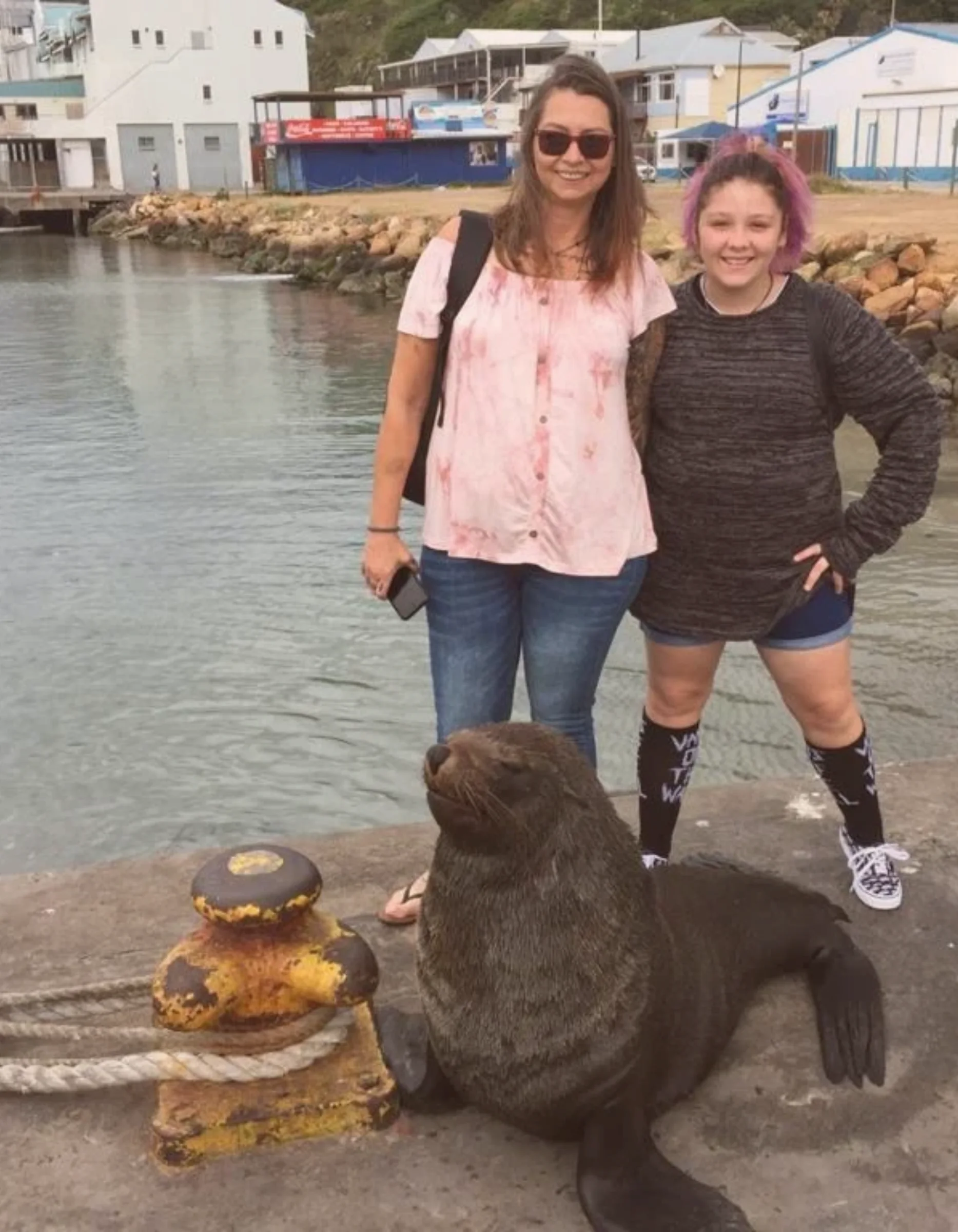 Melissa Gibson and her daughter visiting a harbour in Cape Town, with a seal in the foreground