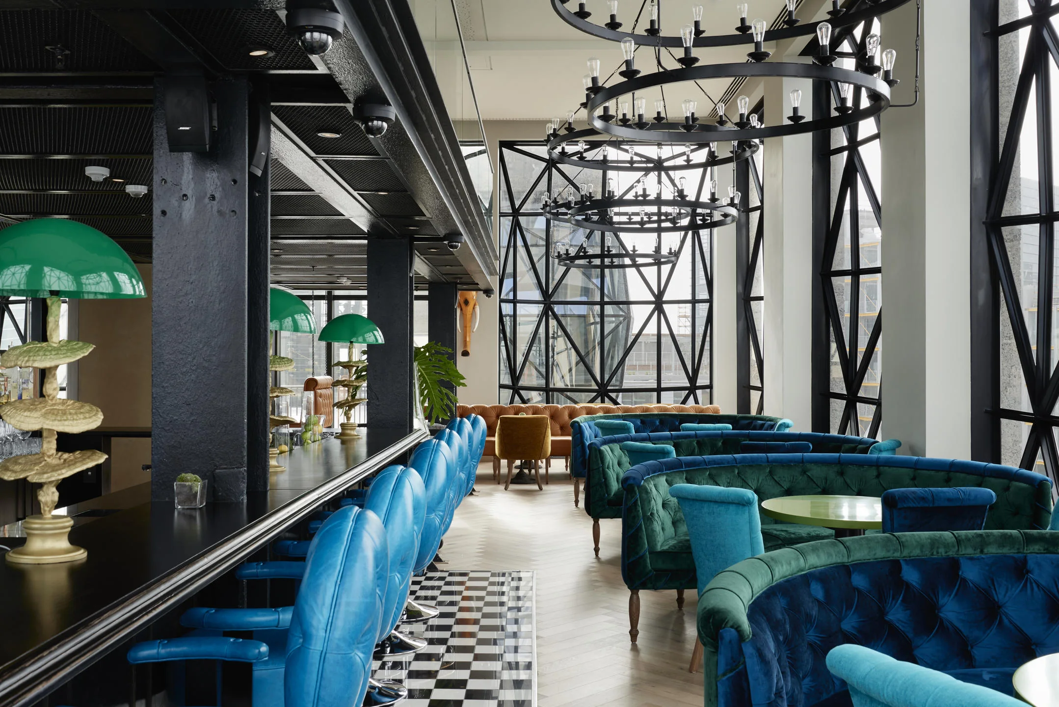The Willaston Bar with its teal furnishings and geometric windows