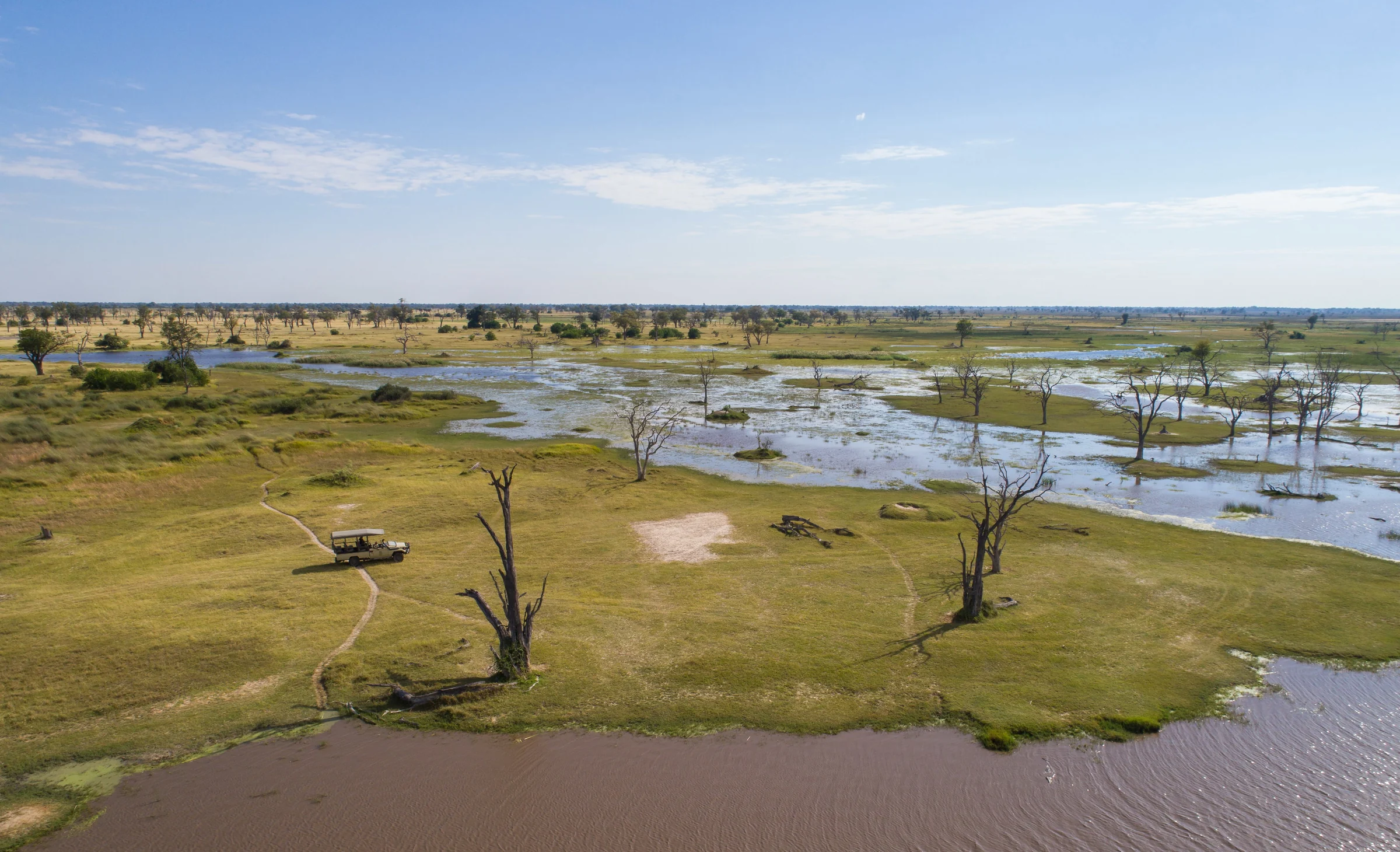 Aerial view of waterways and floodplains in Moremi Game Reserve, Botswana